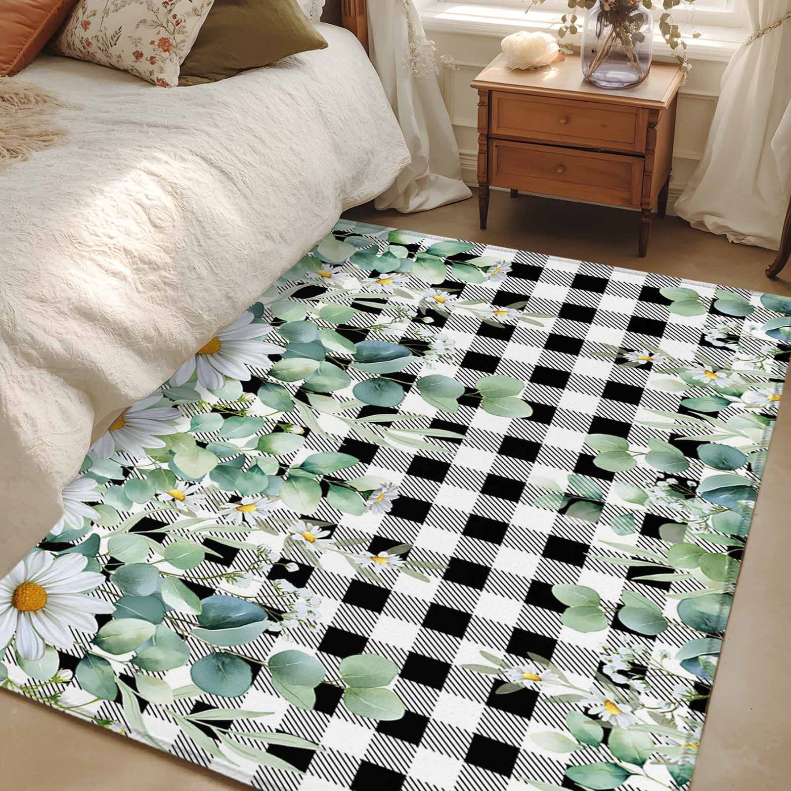 Kitchen Mats for Floor 3x5 Ft, Green Eucalyptus Leaves Non Slip Area Rugs for Kitchen Bedroom Entryway, Daisy Floral Washable Carpet Runner Rug Floor Mats for Bedroom Summer Botanical Plaid