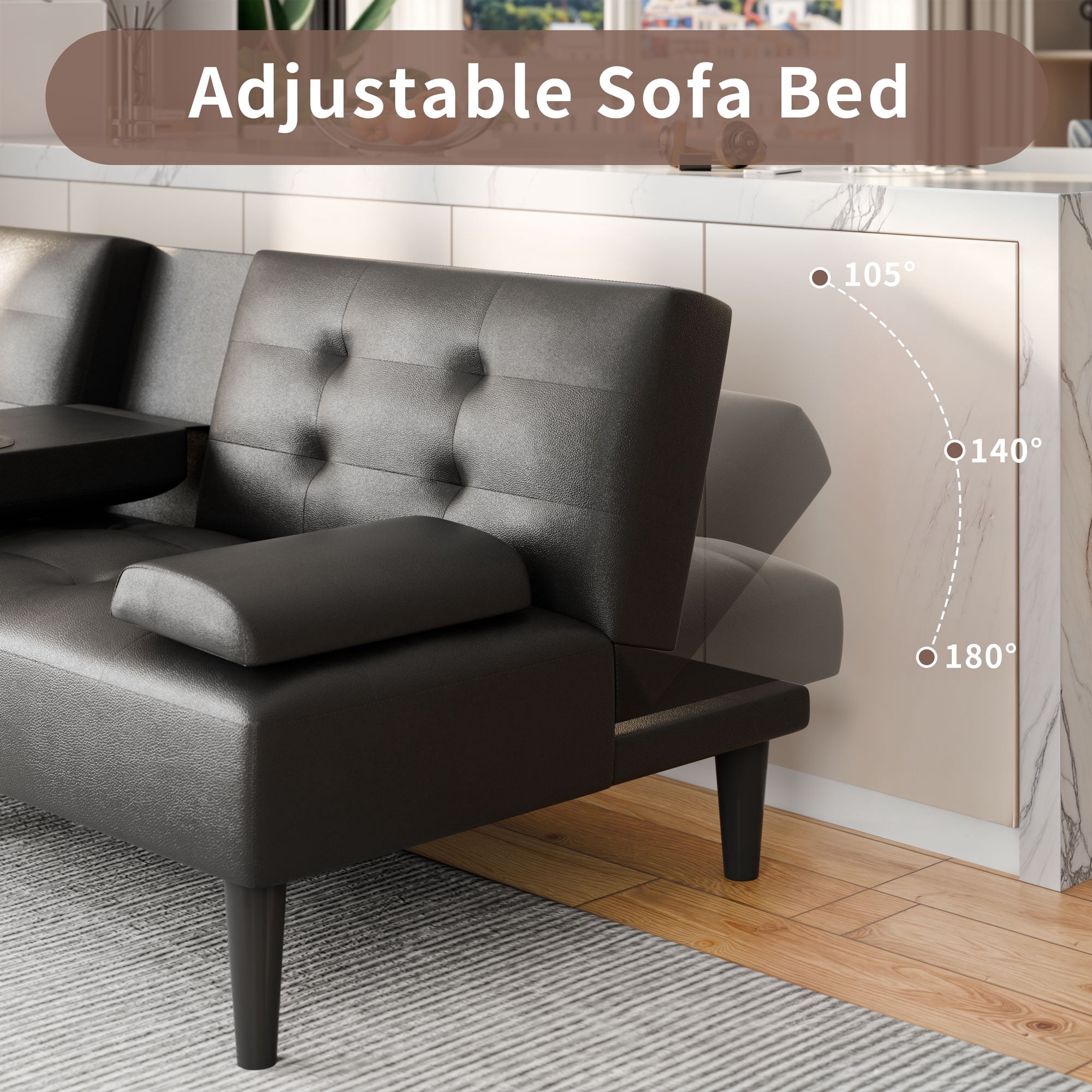 Walsunny Leather Convertible Futon Sofa Bed with 3-Angle Adjustable Split Back, Loveseat Sleeper Sofa Couch for Small Spaces & Guest Rooms, Black