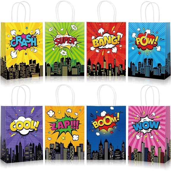 24pcs Hero Party Favors Bags, Hero Goodie Candy Bag Gift Bags with 8 Different Types, Comic Kraft Paper Bag for Birthday Party Supplies Baby Shower Decorations