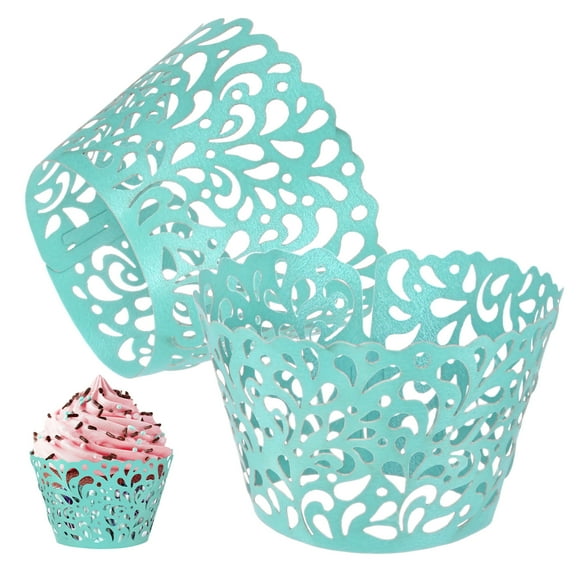 Uxcell 50-Pack Cupcake Wrappers, Pearlescent Art paper, Water Drop Lace Hollow Out Cupcake Liners for Wedding/Birthday Party Decoration[Light Blue]