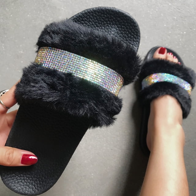 LSLJS Mode Femmes Pantoufle à une Pédale Bout Ouvert Pantoufles en Peluche à Strass Sandales Plates, Pantoufles pour Femmes