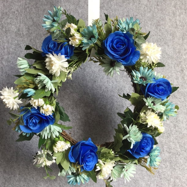Corona de crisantemo de rosa artificial de estilo europeo decoración de puerta dintel de puerta decoración de pared colgante arreglo floral para el hogar de boda - azul (diámetro e