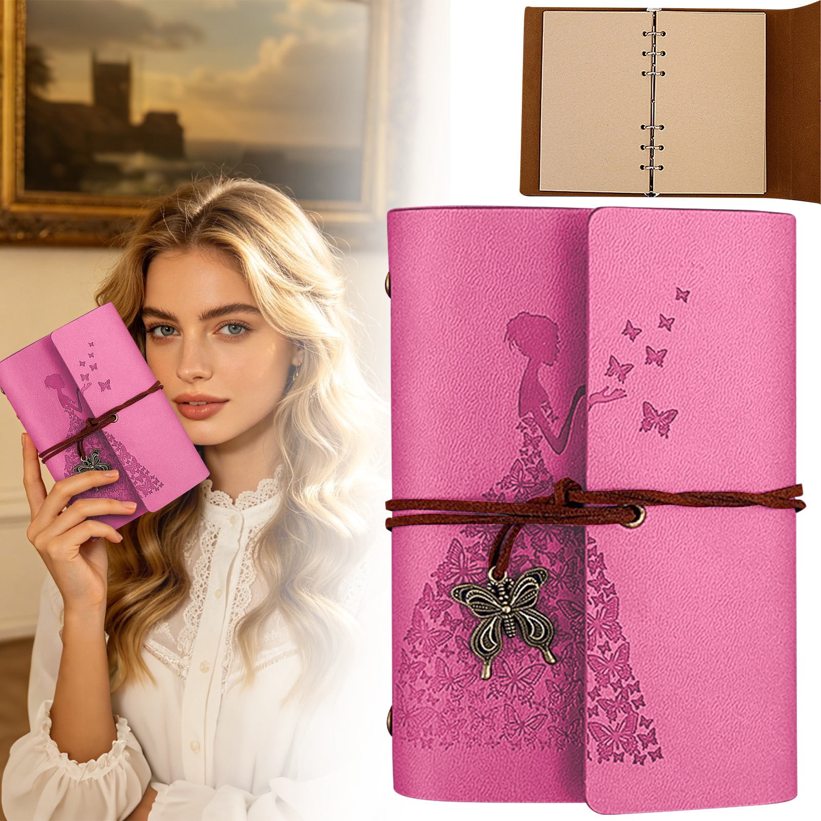 ZMKIAG Refillable Butterfly Vintage Leather Journal Notebook – Spiral Bound Diary with Unlined Blank Pages – Travel Journal, Writing Notepad – Gifts for Teens & Students