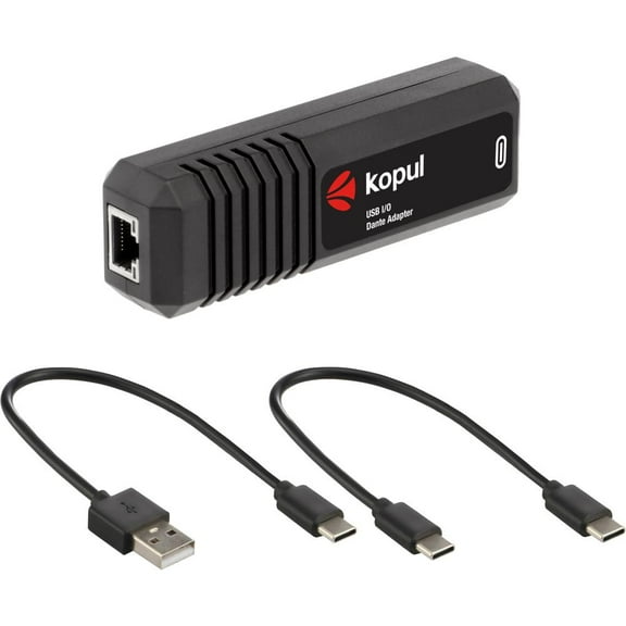 Kopul 2‑Channel Dante USB I/O Adapter – USB‑C & RJ45, 24‑bit/48 kHz, 2‑In/2‑Out, PoE & USB Powered, Rugged ABS (Laptop/PC/Mac/Smartphone)