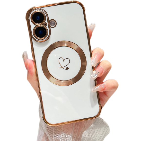 TEMOGU-Magnetic Case for iPhone 17 Case[Compatible with MagSafe] Cute Plating Love Hearts Pattern with Camera Protection,Soft Shockproof TPU Bumper Cover for Women Girls,White
