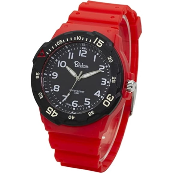 Blekon Collections Womens 42mm Gradient Style Dial Buckle Strap Watch(Black-Red)