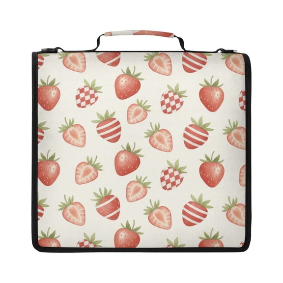 Zipper Binder with Shoulder Strap 2 inch 3 Ring Waterproof File Folder Organizer Bag 500 Sheet Striped Strawberry Pattern