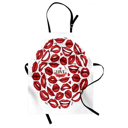Kissing Apron  Valentine Themed Multitude Smiling Sending Kisses Reddish Lips in Circular Form  Unisex Kitchen Bib with Adjustable Neck for Cooking Gardening  Adult Size  Ruby and White  by Ambesonne