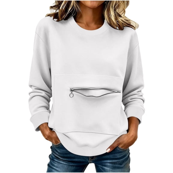 SETOOFF Womens Long Sleeve Sweatshirts Crew Neck Zip Front Pocket Loose Casual Shirts Pullover Tops Women Spring Fall Lounge Travel Daily Outfit