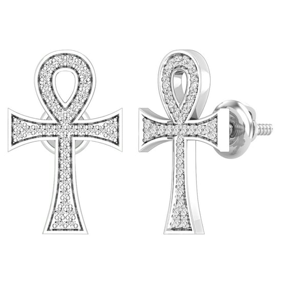 Dazzlingrock Collection Round White Diamond Ankh Cross Screwback Stud Earrings for Women (0.25 ctw, Color I-J, Clarity I1-I2) in 18K White Gold