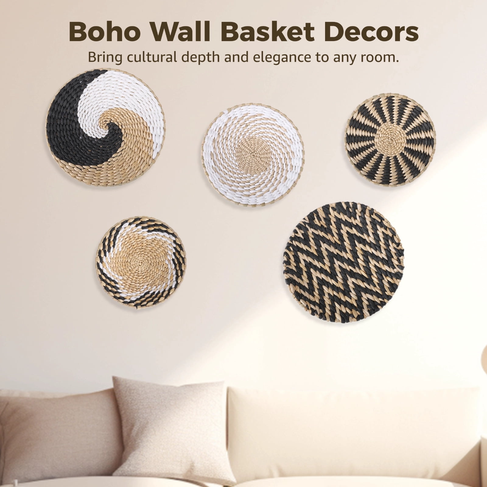 5 Pcs Bohemian Wall Baskets, Art Wicker Wall Decor Set, Handcrafted Woven Rattan Basket Decors, Farmhouse Grass Baskets, Various Sizes and Patterns, Easy Hanging for Home and Office