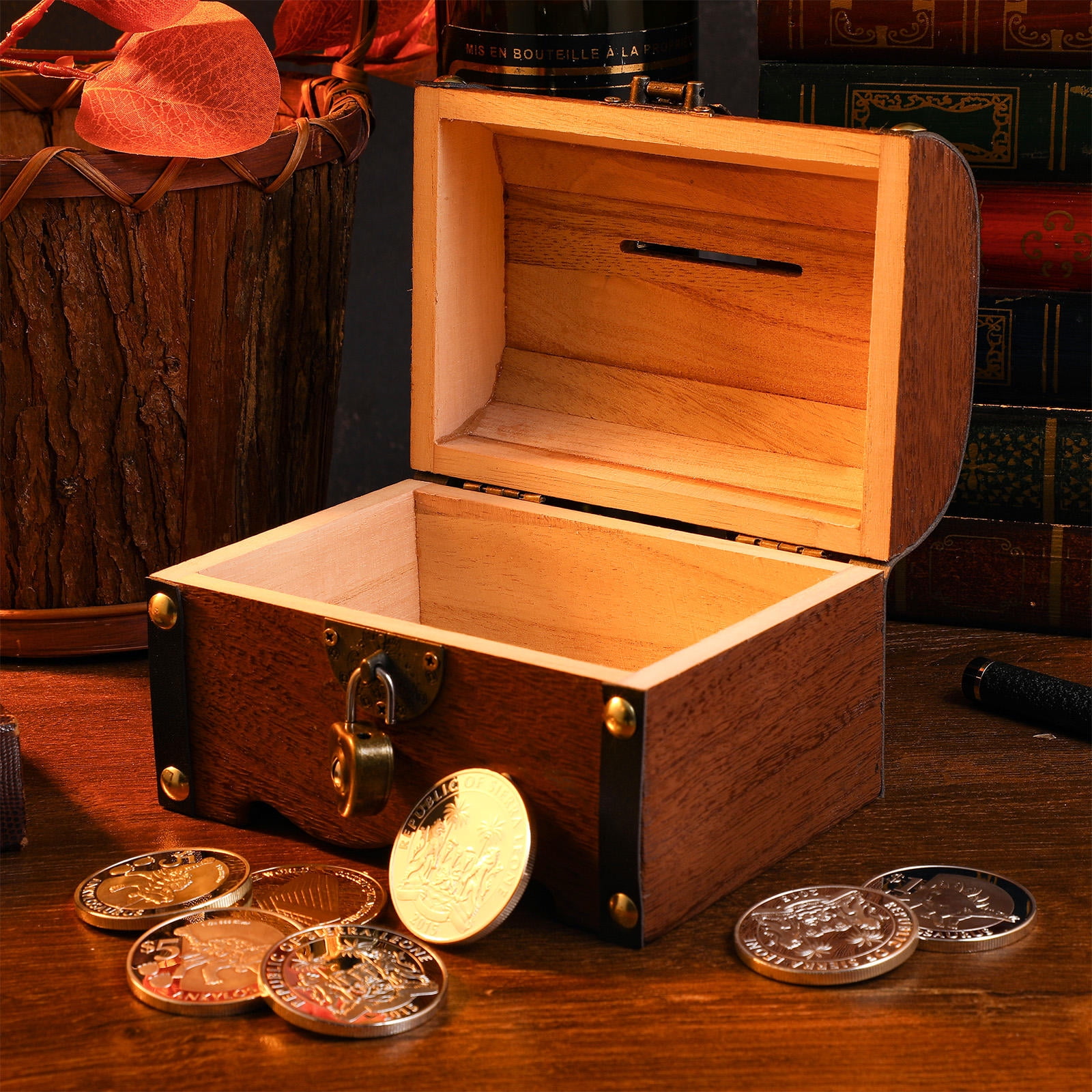 SILENRADAWN Multi Color Wooden Treasure Chest Box with Lock for Coin and Jewelry Storage