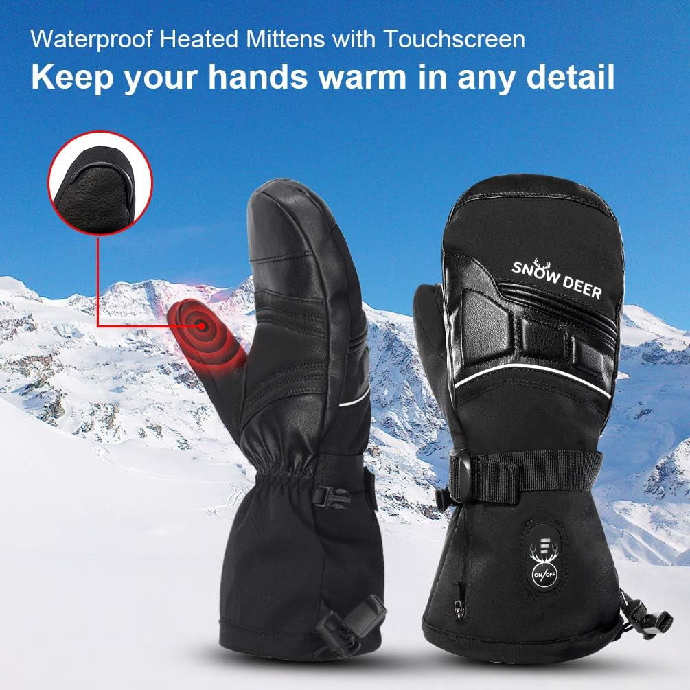 SNOW DEER Heated Mittens for Men and Women Waterproof Ski Gloves with Touchscreen 7.4V 2200mAh Battery Gloves Electric Rechargeable Thermal Mittens for Hands Warm