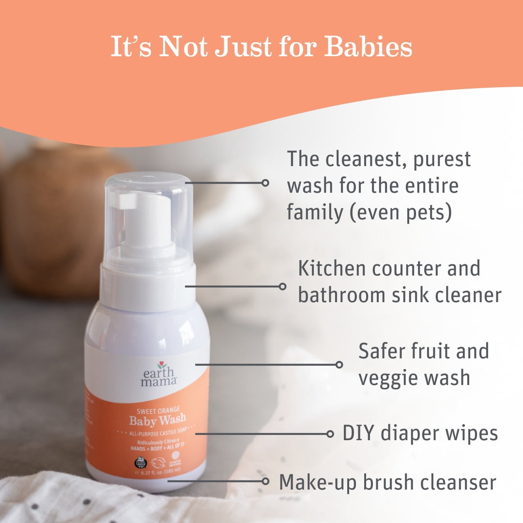 Earth Mama Sweet Orange Baby Wash, Castile Soap for Sensitive Skin, Sweet Orange, 6.27 fl oz