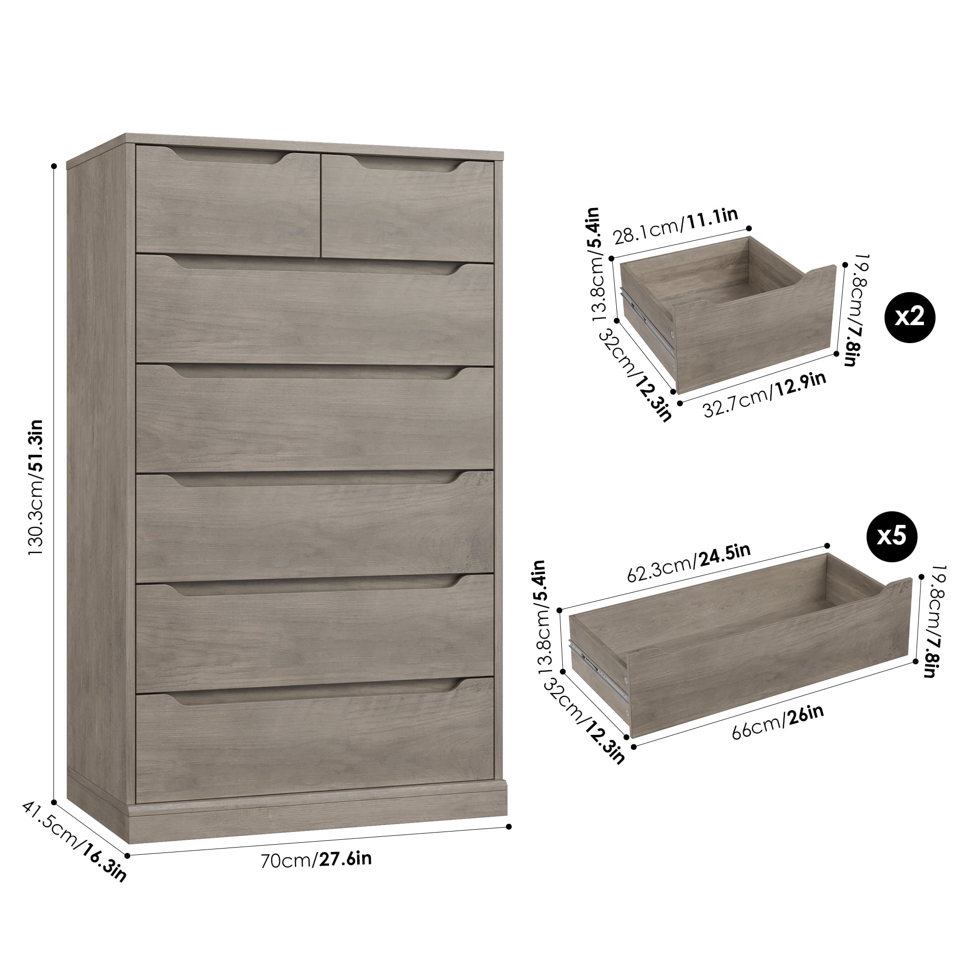 Homfa 7 Drawer Dresser, 51.3"H Wood Storage Cabinet with Upgraded Stable Base, Vertical Chest for Bedroom Living Room, Wash Gray