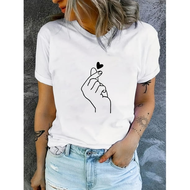 Finger Heart Print T-Shirt, Short Sleeve Crew Neck Casual Top For Summer & Spring, Women's Clothing