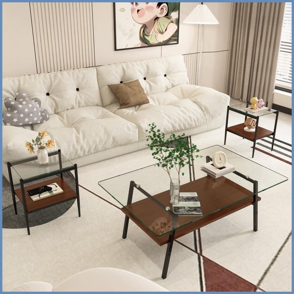 3-Piece Tempered Glass & MDF Coffee & End Table Set for Living Room, Easy-Clean & Storage-Smart