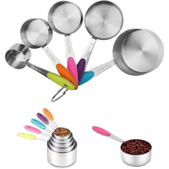 shiyou-5 Pcs Stainless Steel Measuring Cups Set, Stackable Nesting Cups with Handle for Dry & Liquid Ingredients - Tablespoon Measurement for Baking & Cooking