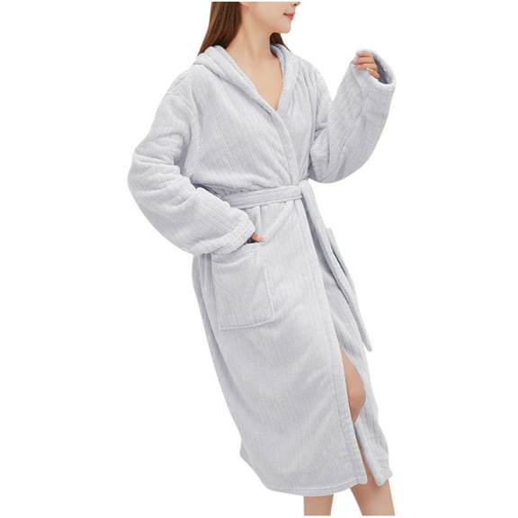 Npasoilc Fleece Hooded Robes for Women Comfort Warm Bathrobe Fuzzy Female Waist Bandage Lace-Up Mid-Length Pajama Robe with Pockets Soft Sleepwear Casual Women's Loungewear