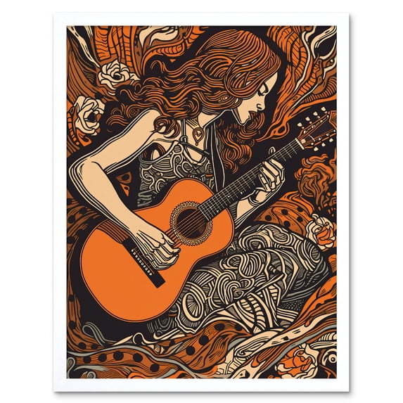 Woman Playing Guitar Music in Rose Flower Field Art Print Framed Poster Wall Decor 12x16 inch
