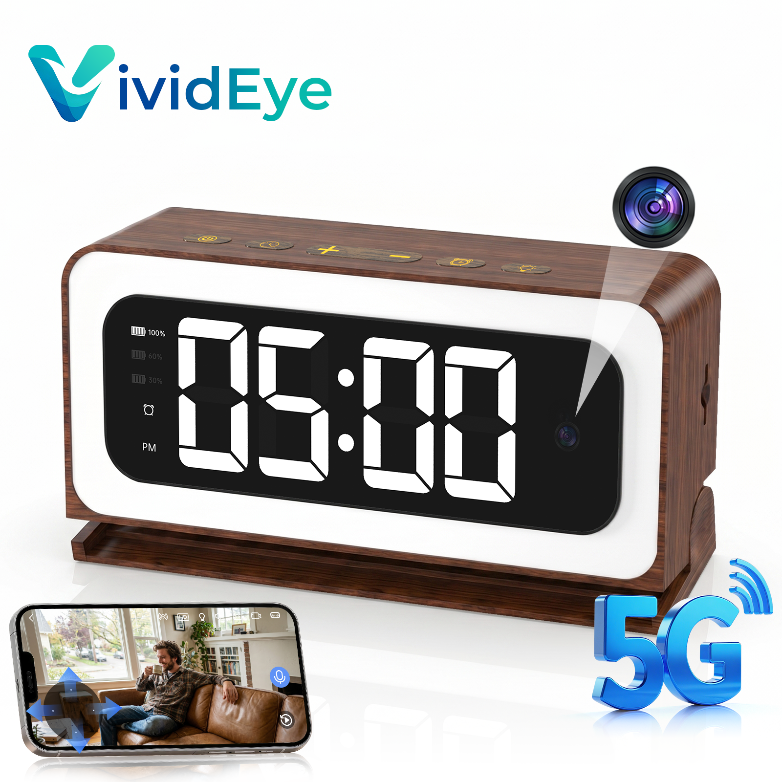 VividEye 2K Smart Alarm Clock Camera, Indoor Cameras for Home Security, Nanny Wireless Camera with 5G & 2.4G WiFi, Two-Way Talk, Starlight Night Vision, 24/7 Loop Recording for Baby Pet Home Office