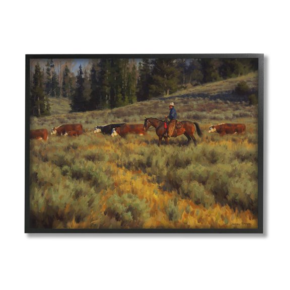 Cowboy Leading Cattle Meadow Animals & Insects Painting Black Framed Art Print Wall Art