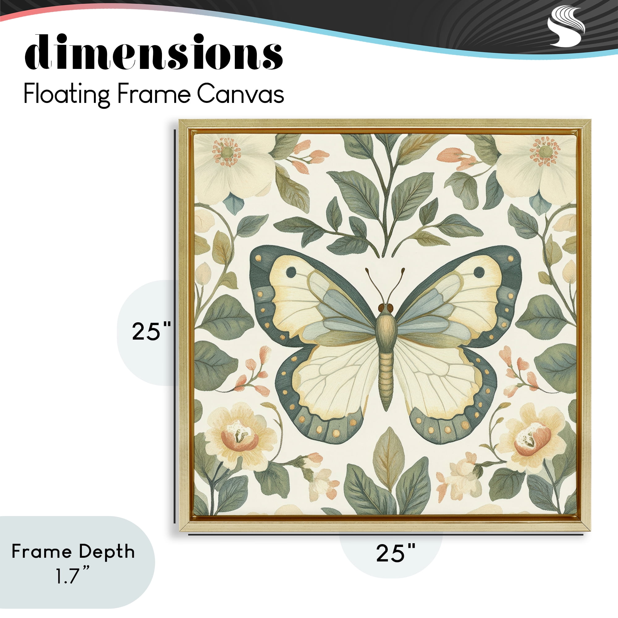 Stupell Industries Sage Butterfly and Florals Gold Framed Floater Canvas Wall Art, design by Petal Prints Design