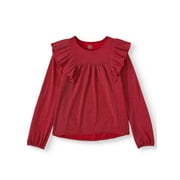 Wonder Nation Metallic Ruffle Shoulder Long Sleeve Shirt (Little Girls, Big Girls & Plus)