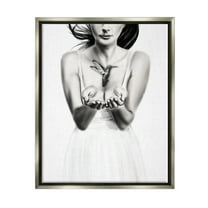 Stupell Industries Girl with Hummingbird Animals & Insects Painting Gray Floater Framed Art Print Wall Art, 17 x 21