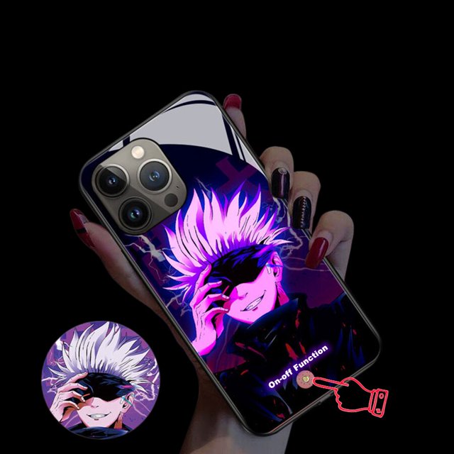 Funda de teléfono con botón de encendido y apagado para IPhone, carcasa bonita con Flash Led para IPhone 14, 13, 12, 11 Pro, X, XS, Max, XR, 7, 8 Plus, SE, dibujos animados luminosos, Jujutsu Kaisen Fivean unisex