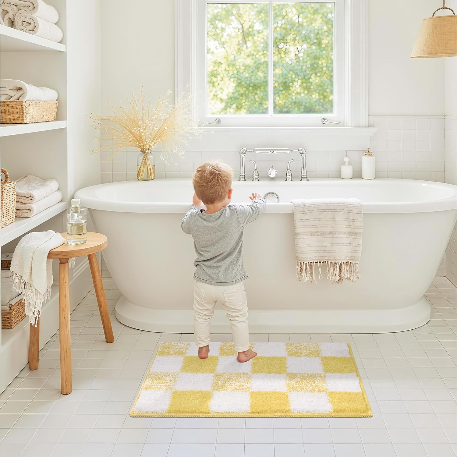 GRANNY SAYS Checkered Bathroom Rug, Absorbent Microfiber Ultra Soft Bath Mat Washable, Non-Slip Shower Mats, 24" x 16", Yellow