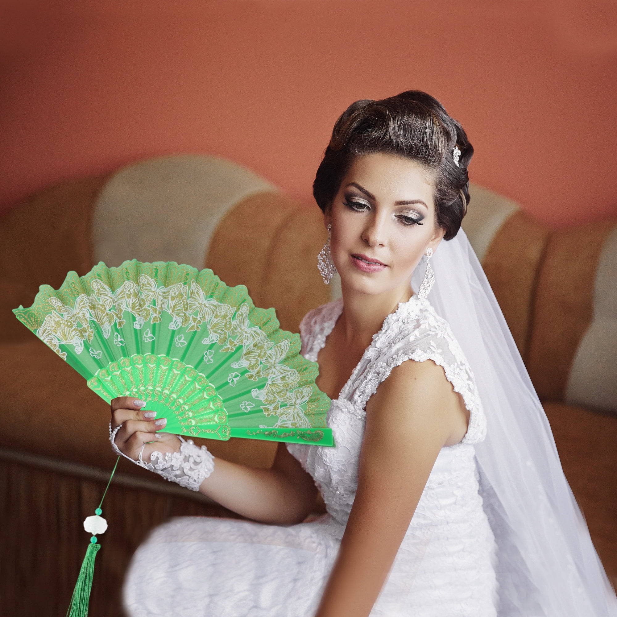 Unique Bargains Elegant Butterfly With Tassel Folding Fan 1PC Green