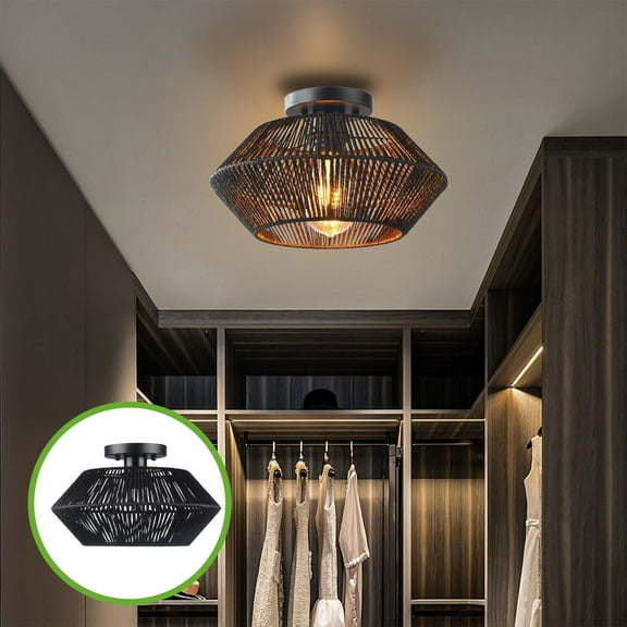 FYTPOV Retro Ceiling Light, Hand-Woven Rattan Flush Mount Ceiling Light Fixture for Farmhouse Hallway, Bedroom, Kitchen, Living Room, Entryway