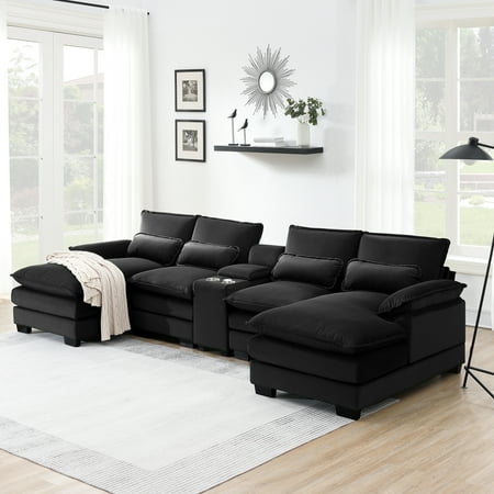 Gexpusm 123" Combination Sofa,with Console and Chaise,Modern Velvet Upholstered Couch Set,Black