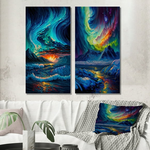 Designart "Mystical Arctic Mountains Aurora Borealis II" Beach Wall Art Set Of 2 - Coastal Blue Canvas Set For Living Room Decor