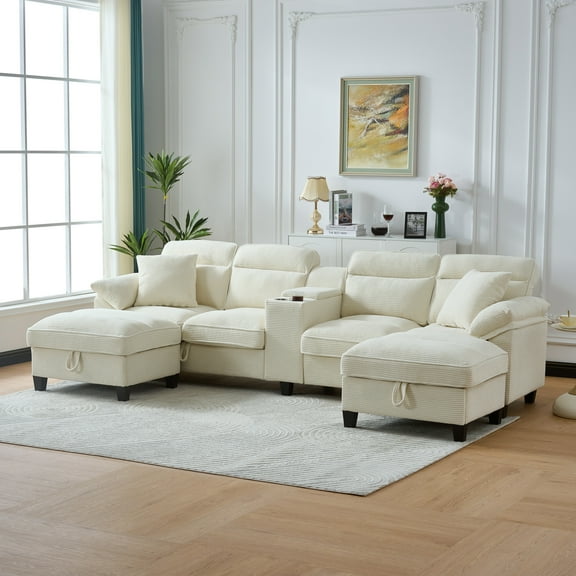 U Shaped Cloud Couch Sectionals Comfy White Sectional Couches for Living Room Modern Oversized Modular Sofas, Corduroy Large Big 6 Seat Sofa Set USB Port Central Console Ottoman,Beige
