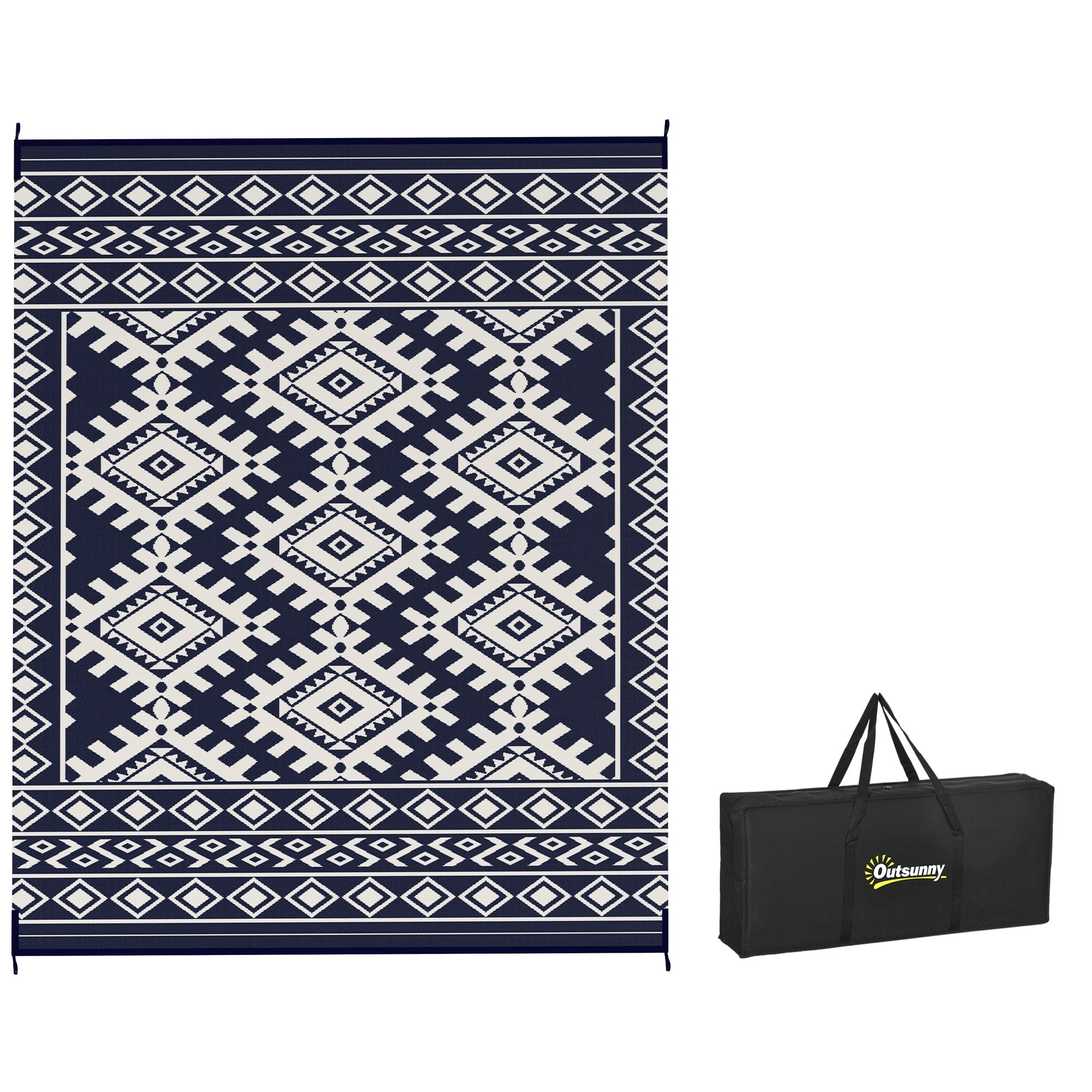 Outsunny Outdoor Patio Rug, Large Camping Carpet with Carrying Bag, 8' x 10' Waterproof Plastic Straw, Reversible, Blue & White Rhombus Border