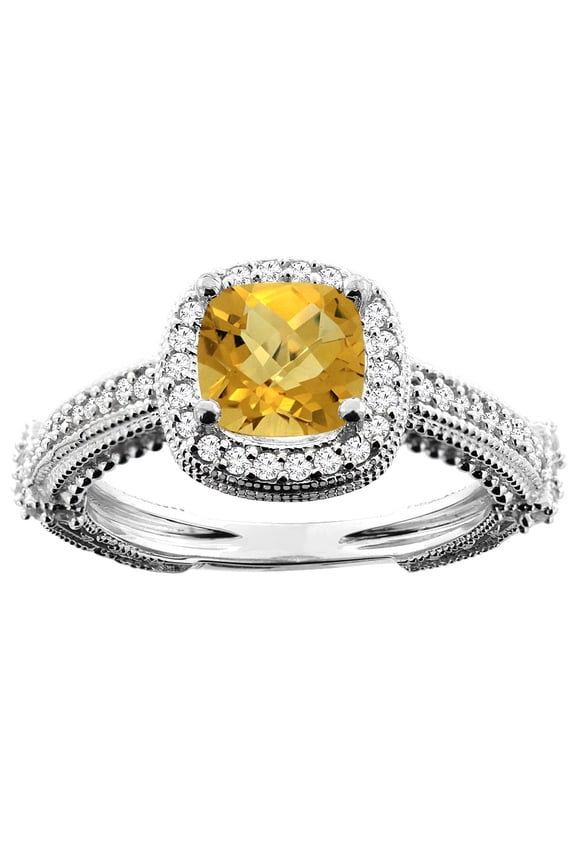 14K White Gold Natural Whisky Quartz Ring Cushion 7x7mm Diamond Accent, size 6.5