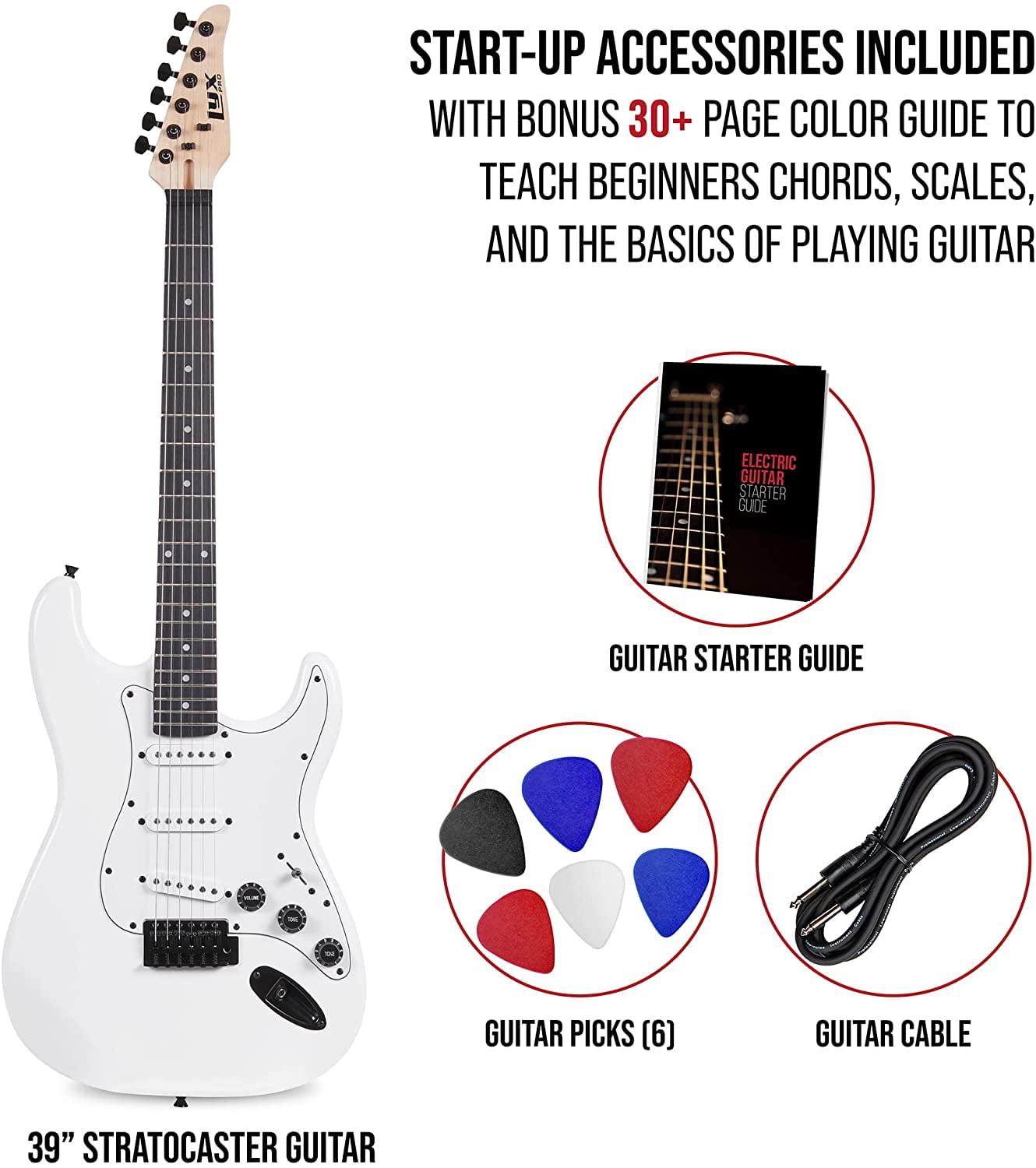 LyxPro CS 39" Beginner Electric Guitar and Accessories, White