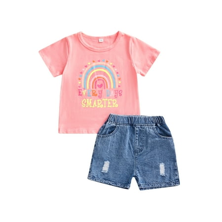 

aturustex Toddler Girl Outfit Casual Short Sleeve Tops + Denim Shorts Rainbow Letter Print Round Neck Summer Clothing