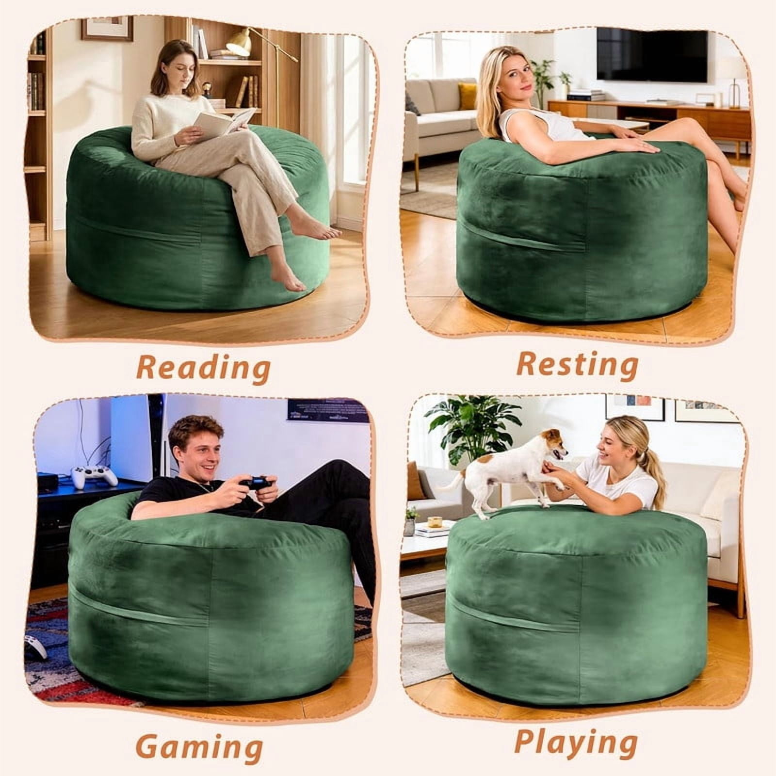 MOOSENG 4FT Bean Bag Chair, Comfy Bean Bag for Adults & Kids, Fluffy Large Bean Bag Sofa with Removable Cover & Side Pocket for Living Room, Gaming, Playroom