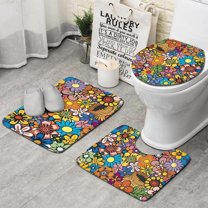 Pioneer Flower Floral Print Pattern Bathroom Rugs Sets 3 Piece,Toilet Cover Set,Absorbent Non Slip Bathroom Mats Sets with U-Shaped Contour Rug Toilet Rug Set
