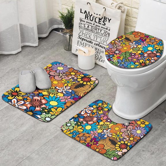 Pioneer Flower Floral Print Pattern Bathroom Rugs Sets 3 Piece,Toilet Cover Set,Absorbent Non Slip Bathroom Mats Sets with U-Shaped Contour Rug Toilet Rug Set