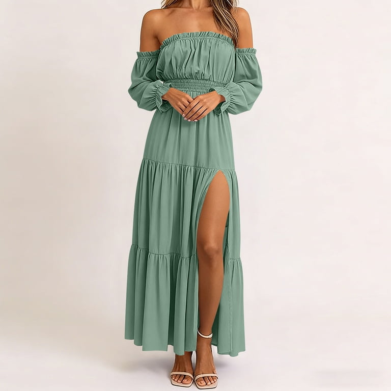 green off the shoulder dress casual DGMIOCS Women's Dress Off Shoulder High Low Hem with Shawl Elegant and Pure Color Female Fashion Must-Have Green XL