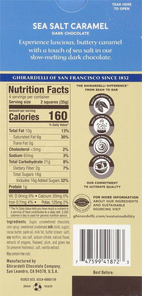 Ghirardelli Sea Salt Caramel Dark Chocolate Squares Bar 4.8 oz - Pack of 3