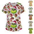 thumbnail image 2 of MIARHB Ropa de trabajo navideña para mujer, uniforme de trabajo de talla grande, camisetas de cuello en V con estampado de "Grinch", camisetas divertidas de manga corta, ropa de trabajo con 2, 2 of 4
