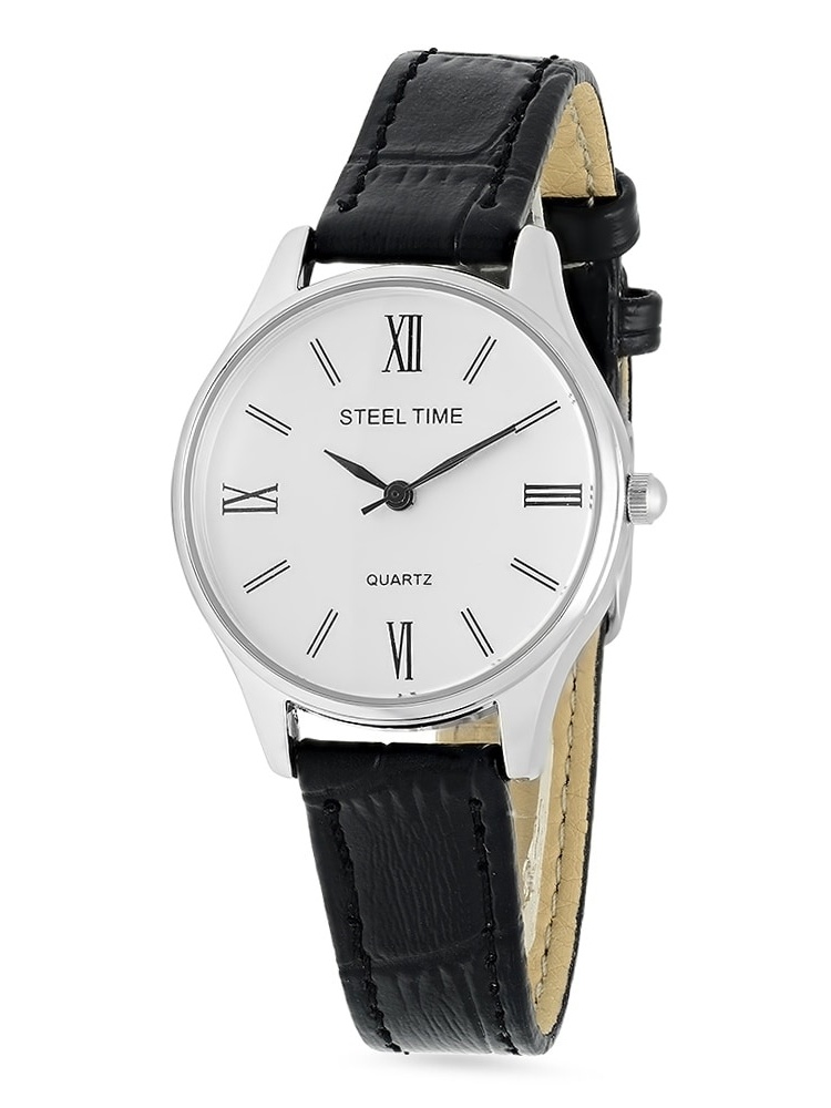 Steeltime Unisex Roman Numeral Alloy Watch with Quartz Movement and Stylish Black Vegan Leather Band