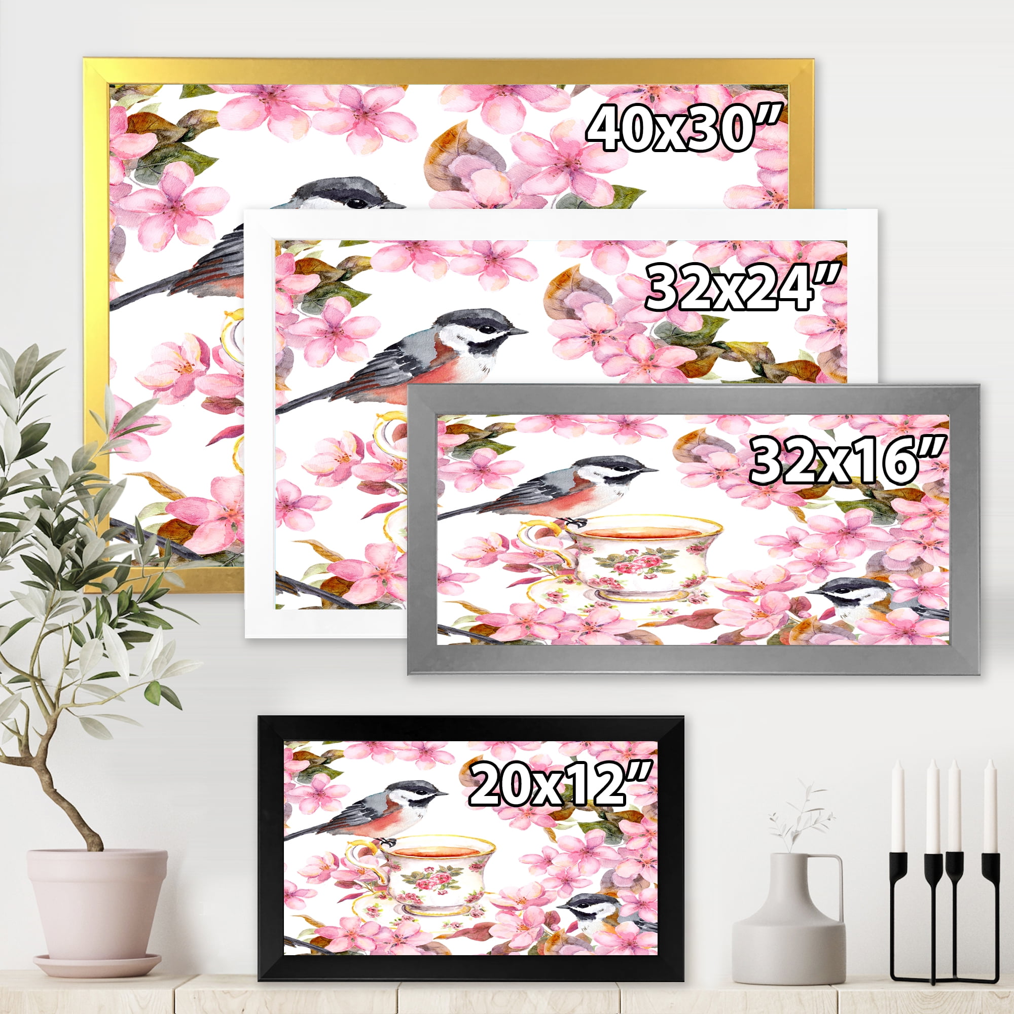 Designart 'Tea Cup Birds and Pink Flowers' Traditional Framed Art Print