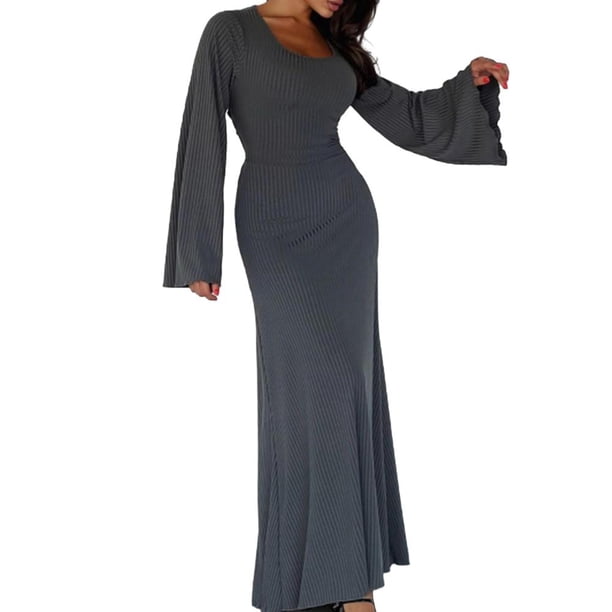 Vestido con cordones Otoño Largo Estilo casual Mujer Traje de vacaciones simple Kuymtek Gris oscuro T M para Mujer