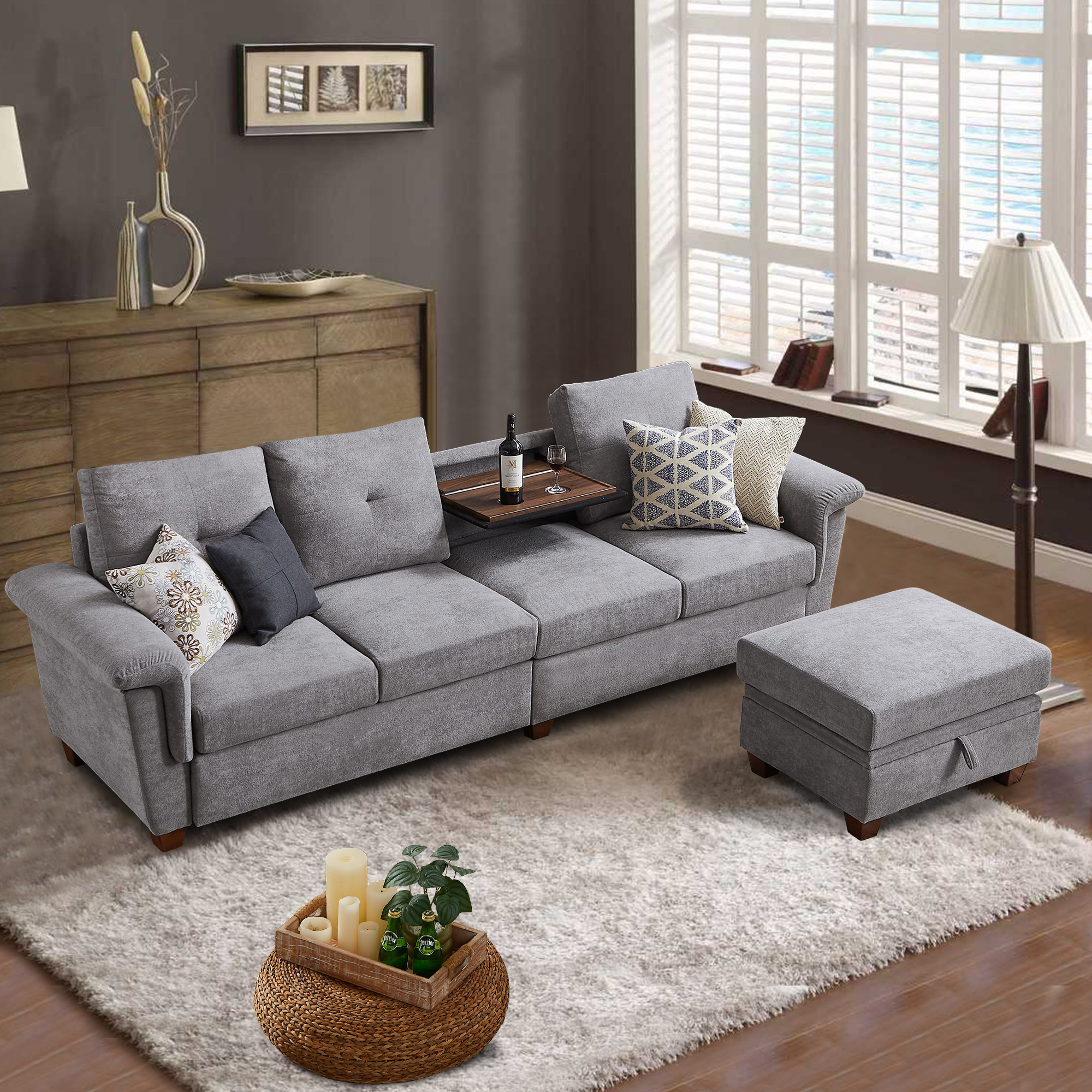 Jarenie Modern Living Room Furniture - Sectional Recliners Couch Set with Cup Holders & Wooden Armrests